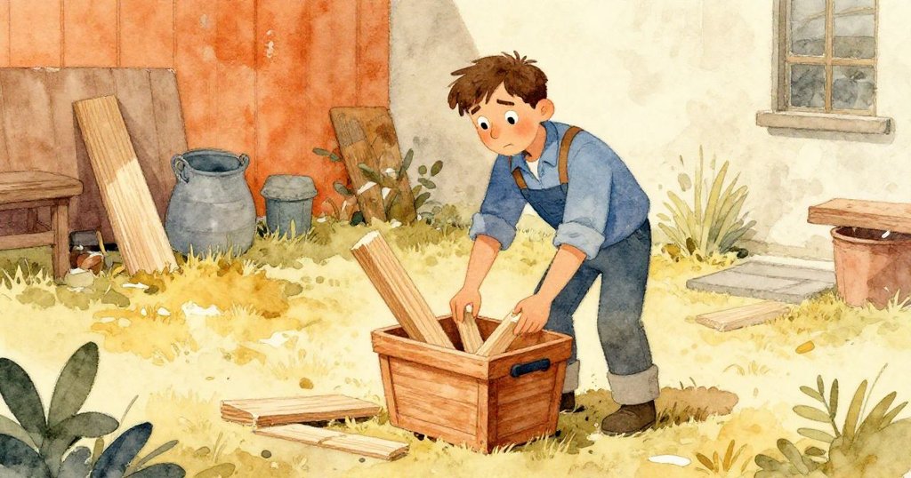 Glen在庭院中彎腰尋找直正的杉木條，背景顯示斑駁雨後痕跡，表情堅毅充滿希望，推進情節發展