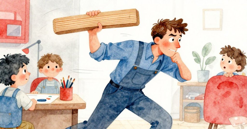 Glen急步回室內修補切痕，手持整修杉木條，神情專注緊張，室內明亮，情節急轉直下