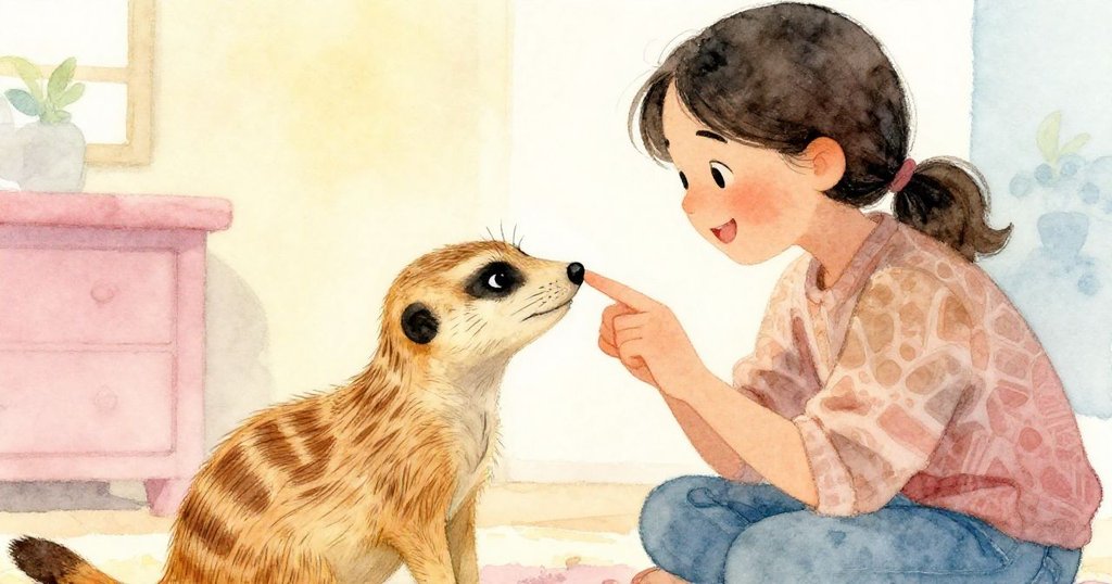 Greta在門口輕觸木狐獴與杉木補丁，神態愉悅且滿足，細節刻畫修補結局情感豐富，故事迎向落幕