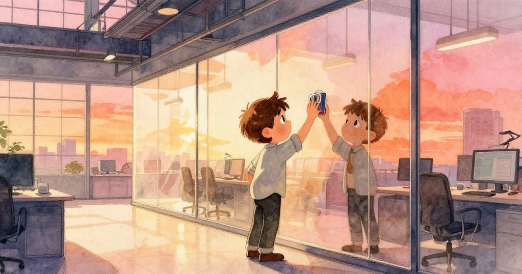 現代辦公室內，昆因使用膠帶器，從玻璃中映出他的決心，牆面呈現夕陽橙與玫瑰粉色調。