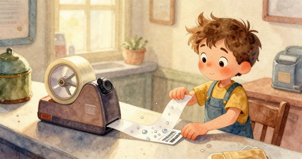 昆因的手在細膩濕潤的貨單上貼上新膠帶，水珠閃耀著深紫與暗藍色調，神情專注且充滿溫馨。