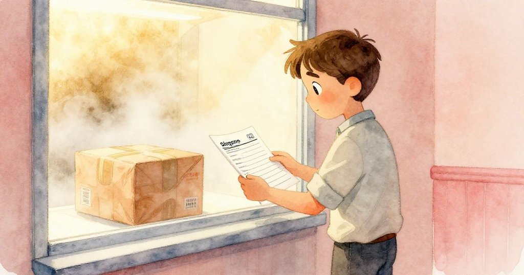 昆因透過大窗凝視濕潤貨件，運單上墨號因水汽模糊，背景散發金光與柔桃色調，呈現專注氣氛。