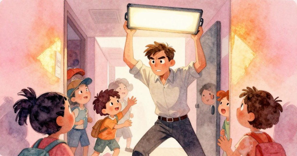 昆因在擁擠過道中幫助穿海軍藍制服的同事搬箱，動作果斷，背景夕陽橙與玫瑰粉色調交織出活力。