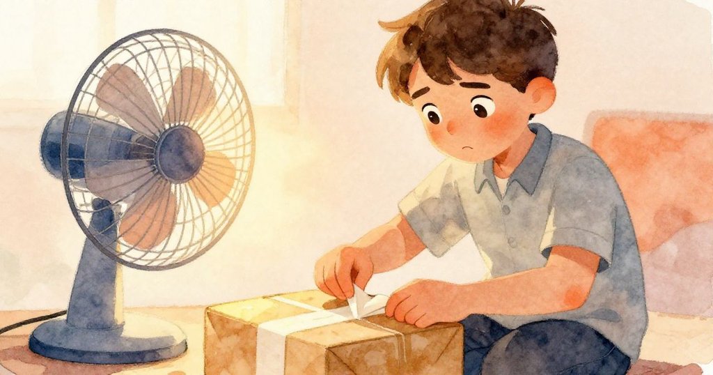 昆因用新膠帶密封包裹，輕風扇送出暖和氣流，手部細節清晰，畫面充滿夕陽金色與溫馨情感。