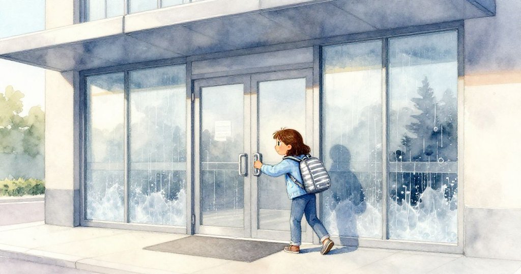 諾拉戴著結霜的眼鏡推開自動門，背著銀條紋背包，晨光照耀下表情充滿期待，現代郵局初始場景。