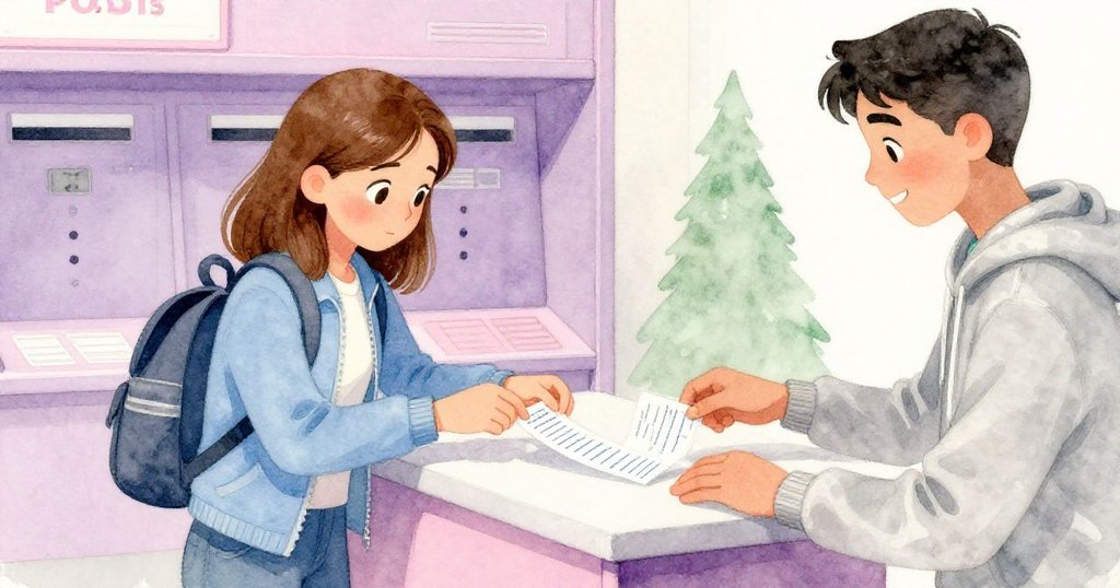 諾拉與裘德靠近響應器取出編號紙條和表格，細膩藍線印記象徵遠方親情，雙手互動顯露堅定決心。