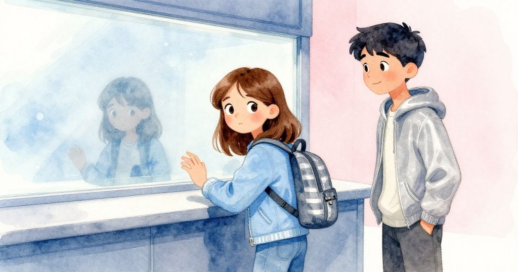 透過藍灰檯面的玻璃，諾拉與裘德正忙著檢查被退回的表格，神情中透露著專注與微微擔憂。