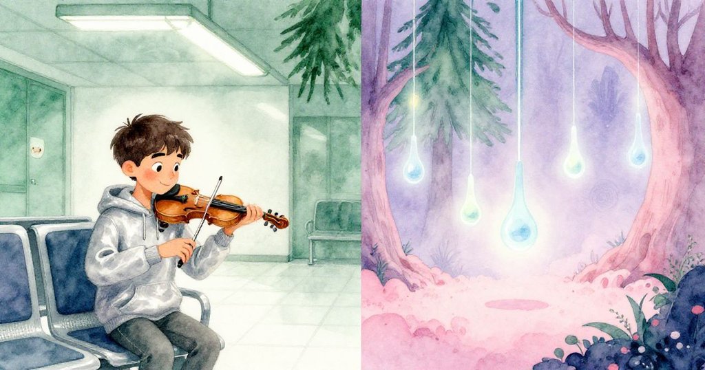 裘德在等待室中調弄筆鏈，畫面一側呈現平凡現實，另一側幻化神秘擺錘，彷彿兩個世界交錯映現內心奇思。