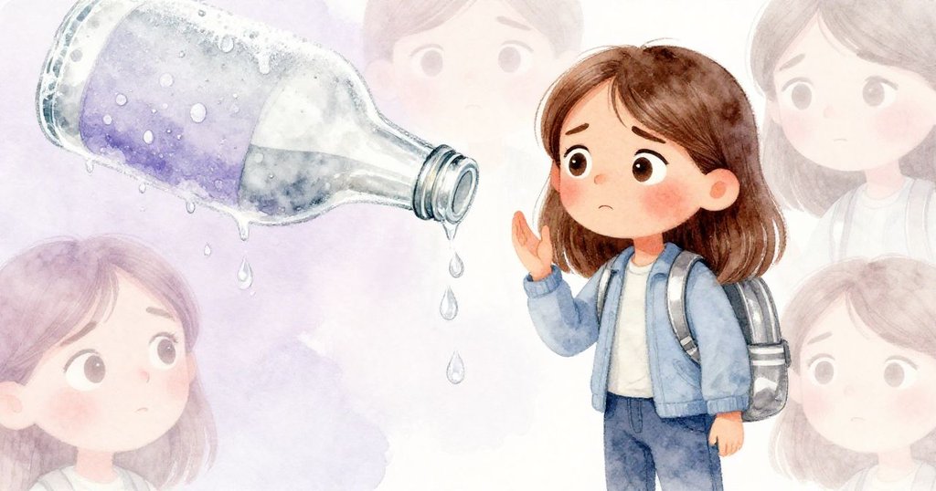 諾拉神情專注略帶焦慮，低頭重寫被冰滴水痕破壞的表格，水珠與淡粉藍色調勾勒出內心糾結與堅毅。