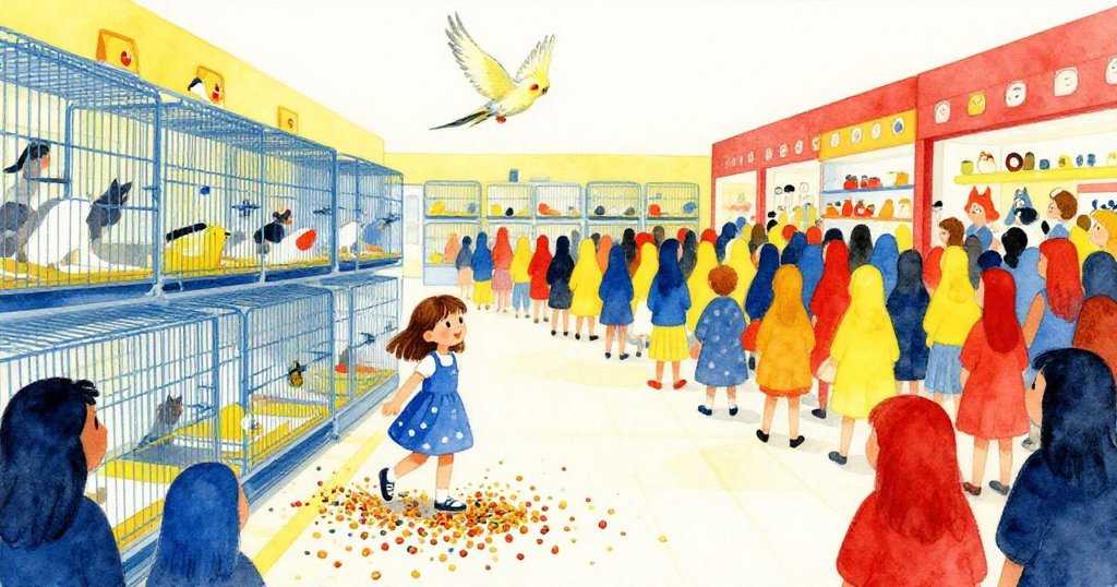 Nora進入展示區，環境中擺滿籠子及動物，滿地條紋飼料痕跡，表情充滿好奇與期待。