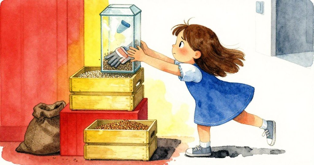 Nora堆疊箱子和種子袋企圖接近高玻璃箱，神情緊張且堅定，場景充滿懸念與動感。