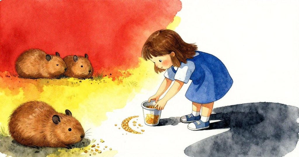 Nora輕推食物杯歸位後離開籠區，對著熟睡動物微笑告別，場景安靜且充滿溫柔情感。