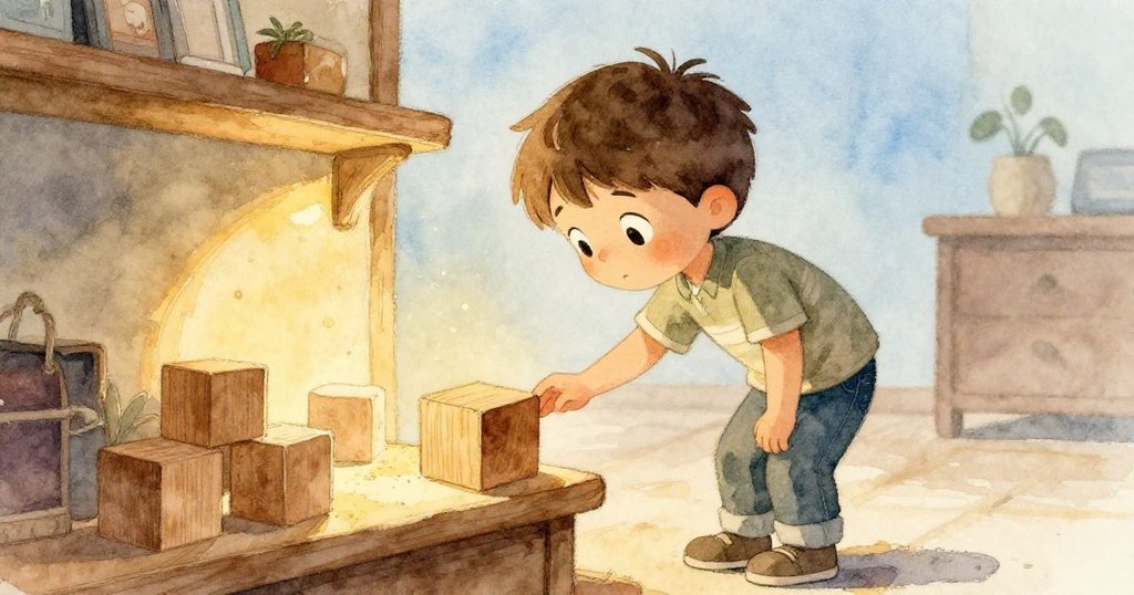 奧斯卡彎下身檢查低架缺方塊處,灰塵輕揚,房間中散發著溫暖晨光與柔和光影。