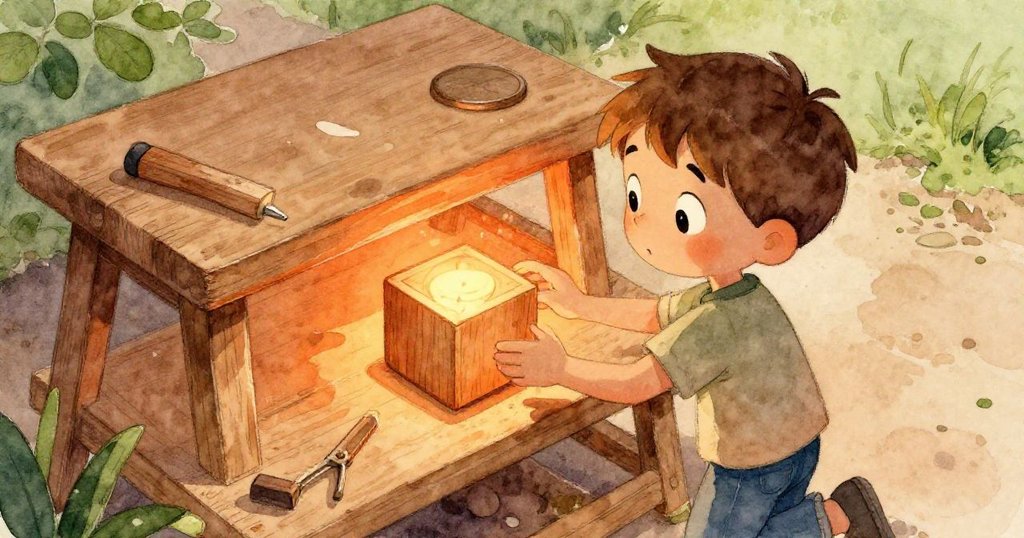奧斯卡從高處俯視工作台,發現桌下溫暖松木方塊與微亮計時器,神情充滿好奇與期待。