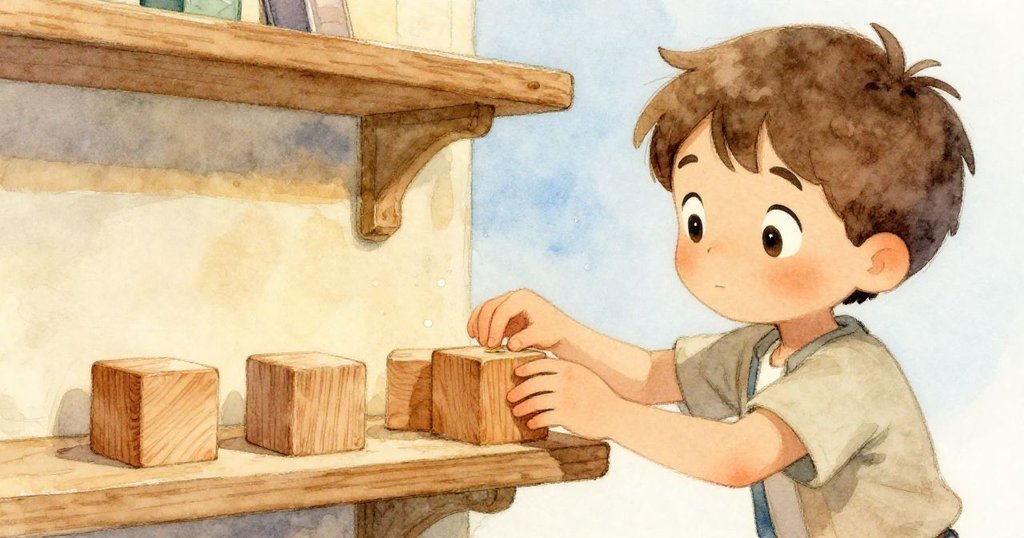 奧斯卡專注地將四個木方塊拼回展示架,手法細膩,塵埃輕揚中流露滿足與喜悅神情。