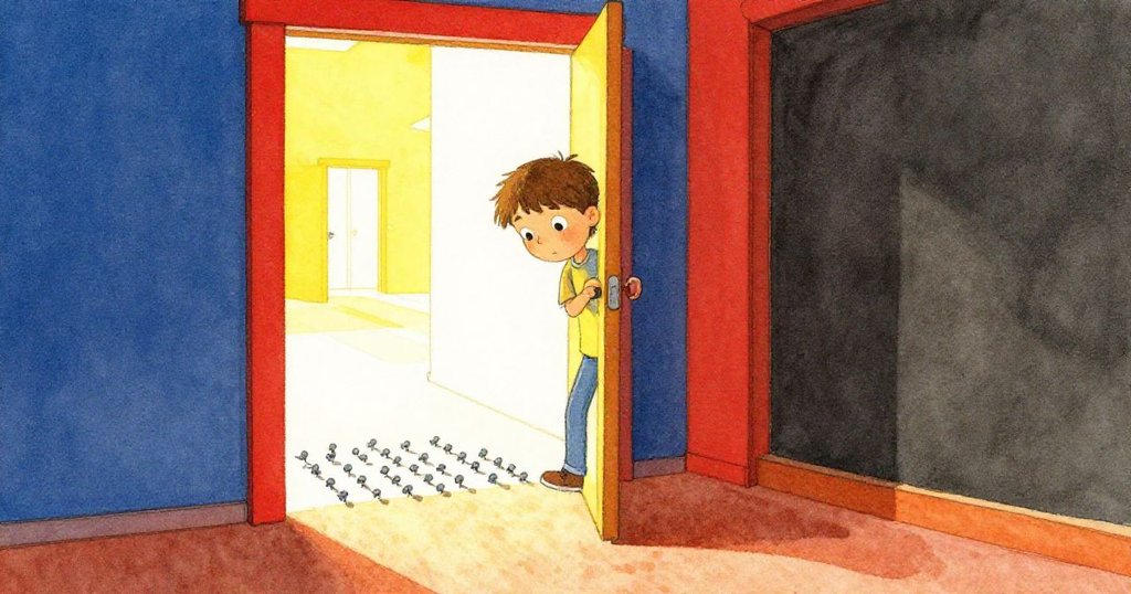 Finn在走廊入口處邊走邊發現地毯上斜放的灰色圖釘，臉上流露好奇與驚喜，背景溫暖柔和。