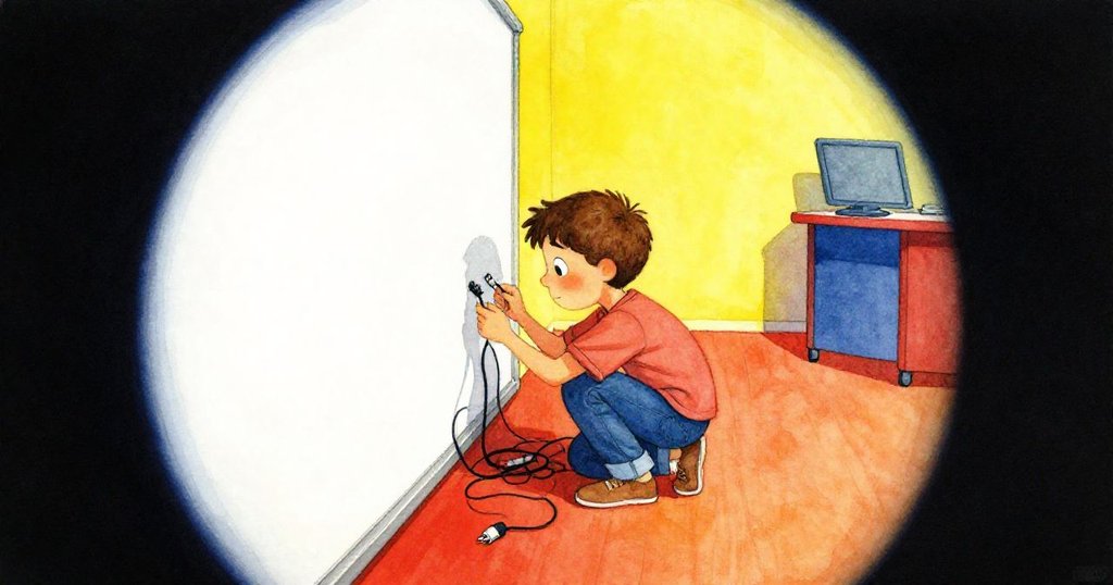 Finn蹲下搜尋白板下緣，尋覓忘記的轉接頭，桌上延長線呈現扭曲視角，他神情專注，環境現代辦公風。