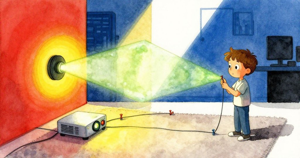 Finn將三條電線連接在一起，塑料頸扣滑過圖釘形成特異光環，投影燈轉為穩定綠光，場景兼實與幻。