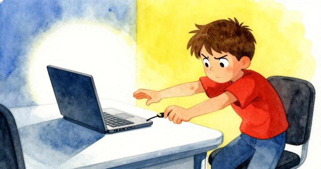 凍結瞬間，Finn伸手跨過冷桌面將HDMI線引向筆電，專注神情令人屏息，背景映出現代會議室細節。