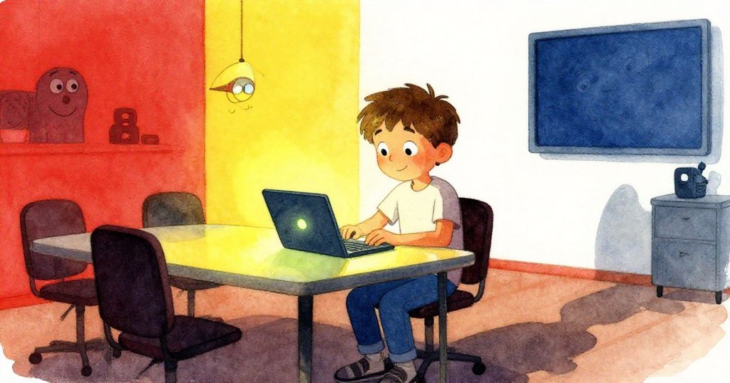 Finn面帶滿足微笑坐於桌邊，筆電螢幕與綠光投影交織，背景呈現零星餅屑與圖釘痕跡，氛圍溫馨。