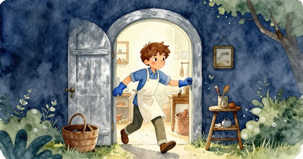 布雷克走過鄉村風拱門進入工作室, 臉上洋溢著期待與決心, 溫暖光線灑落, 營造出開始新一天工作的氛圍。