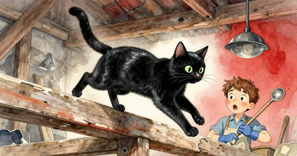 布雷克在工作室內驚訝瞥見黑貓從高樑躍下, 同時一隻勺子快速旋轉, 燈光下突顯突然發生的意外與緊張氣氛。