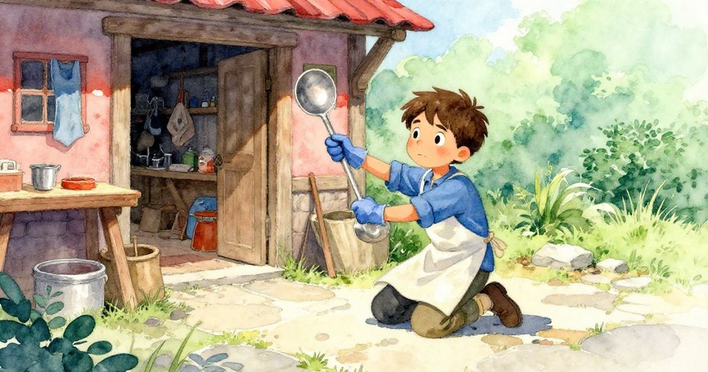 布雷克在戶外旗石上蹲下拾起偏離的勺子, 溫暖陽光映照下手套色彩變化, 場景充滿活力與自然光線的戲劇效果。