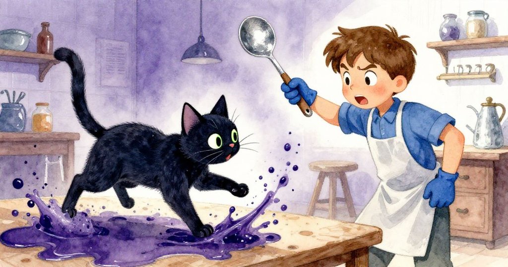 布雷克驚慌中伸手接住旋轉的勺子, 工作室工具因黑貓撞擊大亂, 染液波紋四起, 畫面充滿連鎖反應的動感與緊迫。