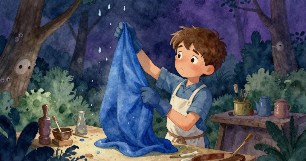 布雷克靜靜在工作室中輕提變藍的布料, 滴水緩緩落下, 臉上流露出寧靜與滿足, 為意外場景畫上柔和的句點。