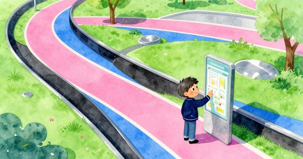 灰色在戶外公園中於地圖亭前輕觸玻璃，鳥瞰視角展現蜿蜒小徑與自然風景，他臉上充滿好奇與期待。