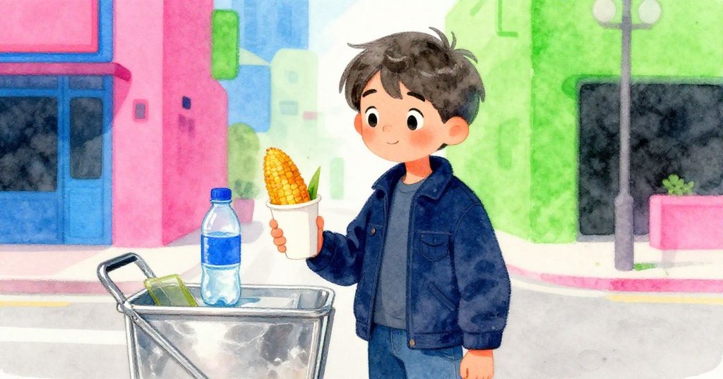 灰色在現代露天小攤前拿著裝有烤玉米的紙杯和冰水，神情專注期待動物表演。