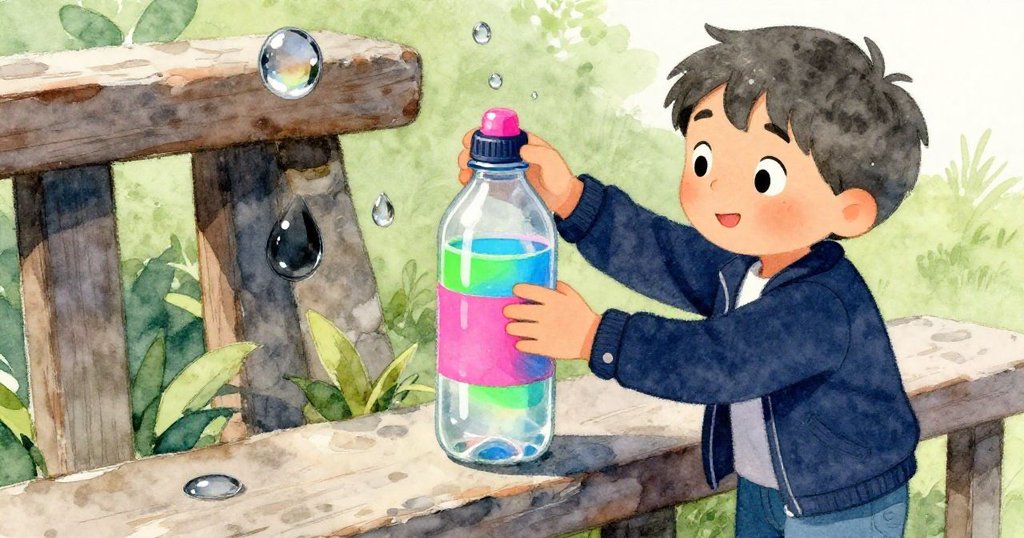 灰色在石椅欄杆上擺放冰水瓶，溫暖光線中水珠形成反射，映出周圍環境，他面露專注神情。