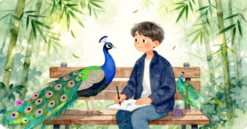 灰色坐在楓木長椅上翻開寫生本，輕描粉孔雀尾羽，背後竹葉隨風輕舞，溫柔夕陽中頗顯愜意。