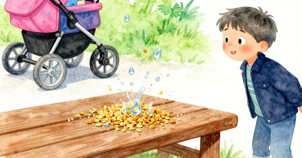 灰色目光注視下，水珠與玉米屑融合於光滑板面上，即將遭遇嬰兒推車輪觸碰，場面緊張瞬間凝固。