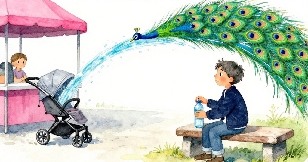 灰色收起寫生本，輕輕放下水瓶，目送嬰兒推車前行，水帶隱隱滑向孔雀炫彩尾羽，結尾留白充滿詩意。