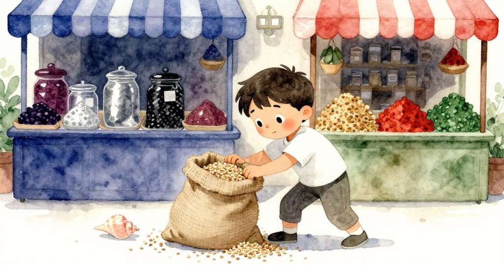 Reed在溫暖香料攤內努力抓住灑落的藜麥，身旁隱約可見布袋與香料，情緒專注驚訝，故事開端。