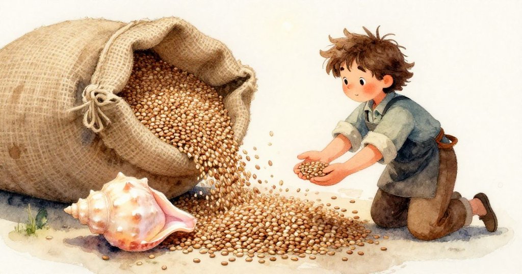 特寫中，光影下的海螺卡在布袋上，四周散落香料微塵，展現細節與故事發展關鍵瞬間。