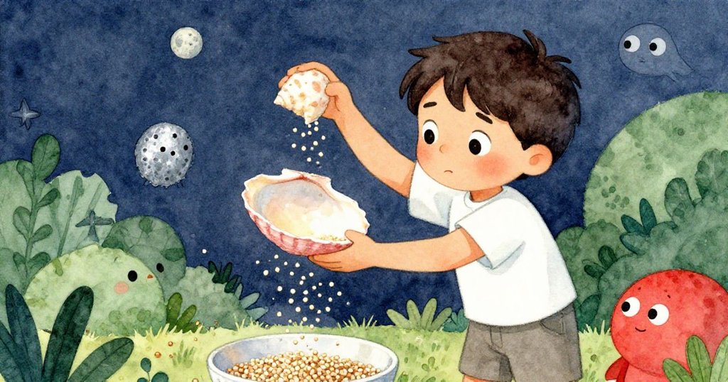 Reed神情堅定，用心翻轉沉重海螺，捕捉灑落藜麥，畫面聚焦其專注動作，故事達到轉捩點。