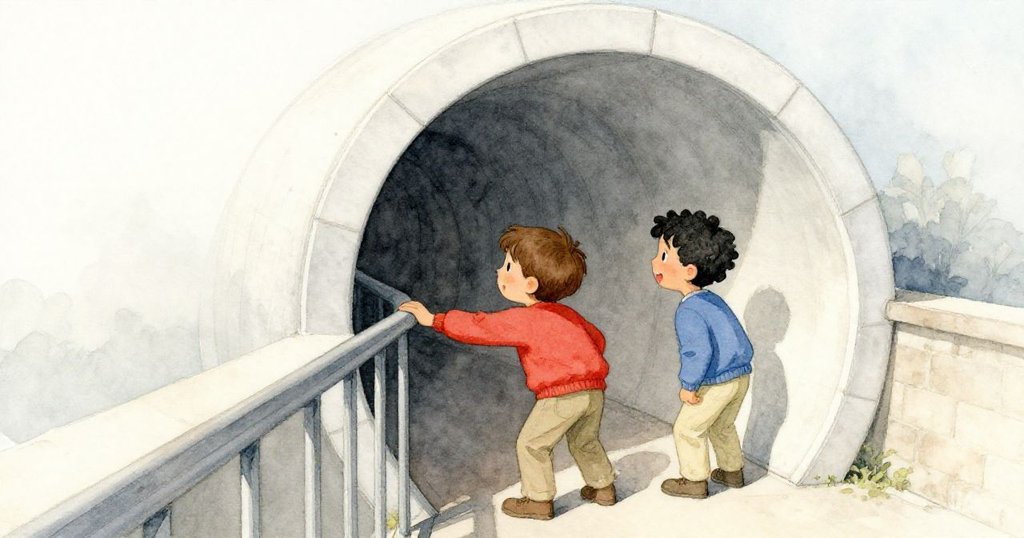 Hector伸手觸摸粗糙欄杆,Grey陪伴在旁,隧道入口藍灰光中呈現期待與寧靜的氛圍。