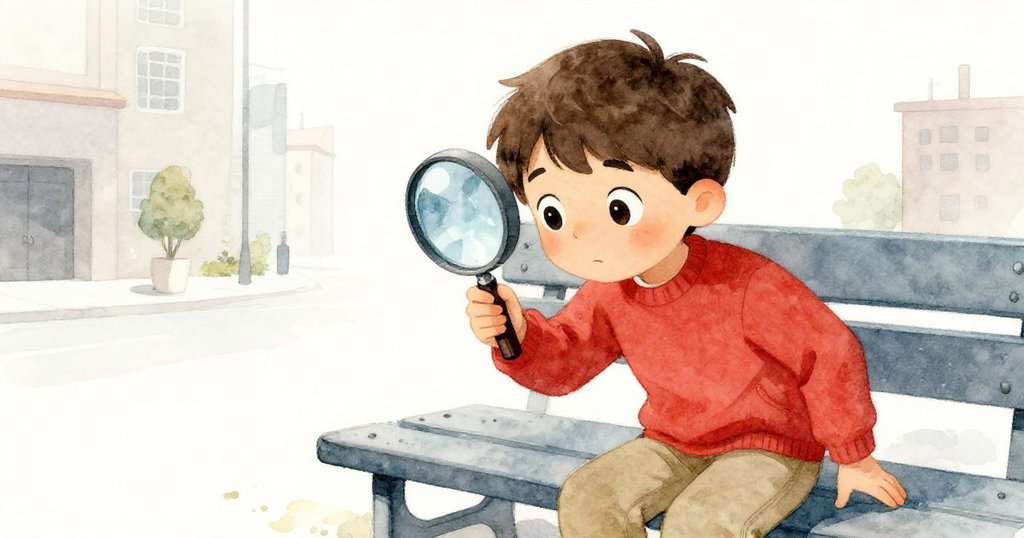 Hector專注調整掛鏈放大鏡在藍色長椅上,光影中透露出細膩與努力調整的情緒。