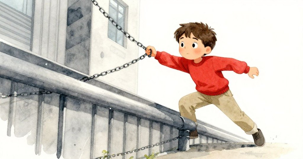 低角度展現Hector環繞粗糙欄杆繞鏈,神情堅定,現代背景中展現出動力與創意。