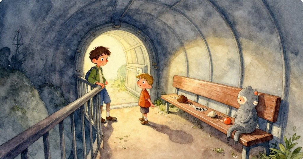 高空視角呈現塑料杯被鏈條擊中翻倒,飼料丸散落在鋼灰長椅與地面上,動態細節豐富。