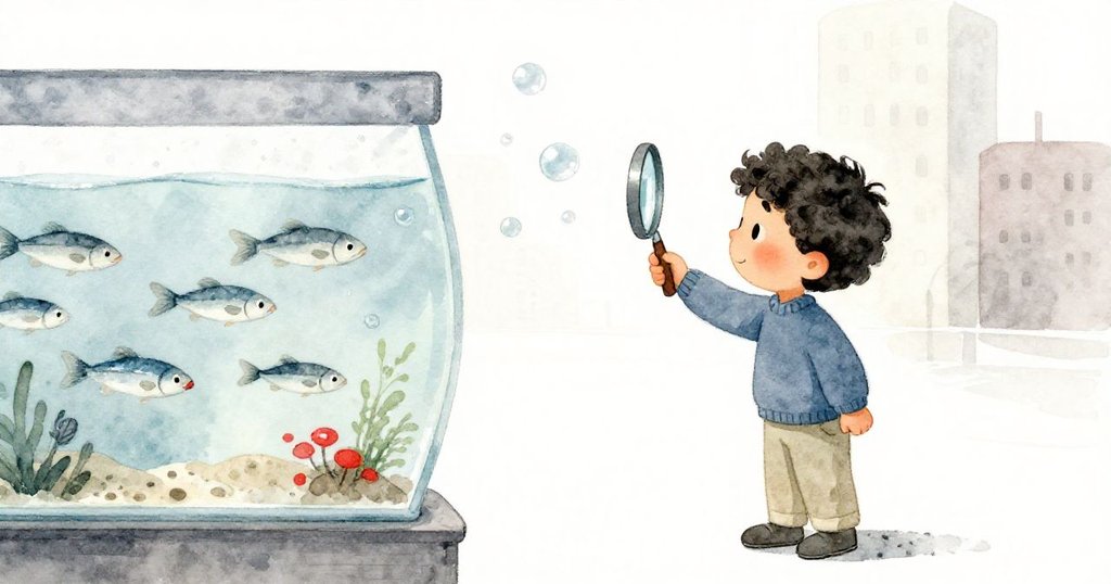 Grey抬起穩定放大鏡望向魚缸,學校魚群與氣泡在藍光下漂浮,場景逐漸進入平靜結局。