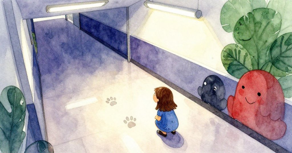 Nora蹲在教室門前光滑的地板上，仔細觀察牆邊的三個蒼白貓爪印，燈光下流露出驚奇與期待。