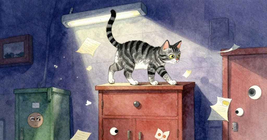 條紋貓在高櫃上靈活平衡，尾巴輕輕擺動，燈光映出跳動的影子，書本隨之微微顫動，充滿活力。