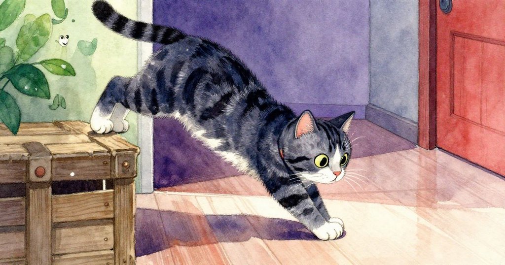 條紋貓優雅伸展，輕拍新平台後靜靜下樓，動作流暢，憑藉喜悅與自由在走廊中留影。