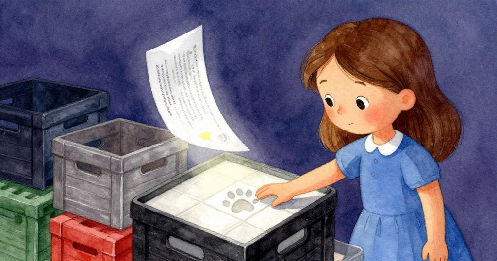 Nora彎腰收拾散落箱子，一張光澤宣傳單隨光飄落，她溫柔觸碰殘留爪印，氛圍祥和且充滿希望。