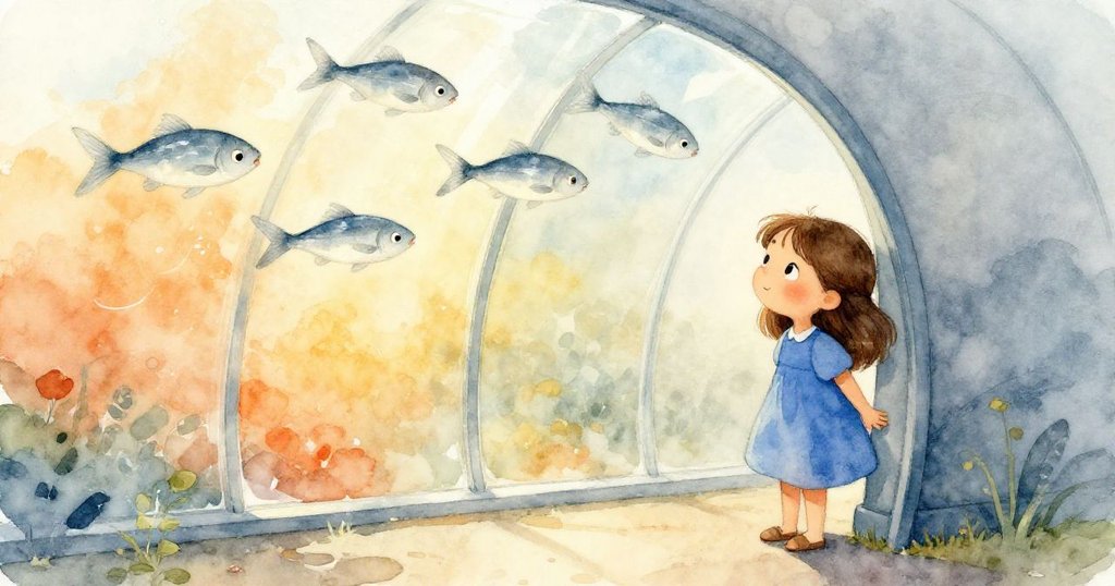 Nadia手持畫板倚著藍灰色隧道，銀色月魚在上空閃爍，充滿探索與夢幻情懷。