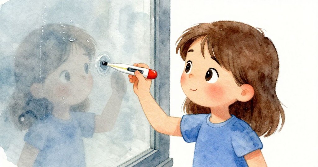 Nadia聚精會神地觀察著黏附在玻璃上的溫度計，水珠凝結，畫板上筆跡細膩，呈現時間流逝的感覺。