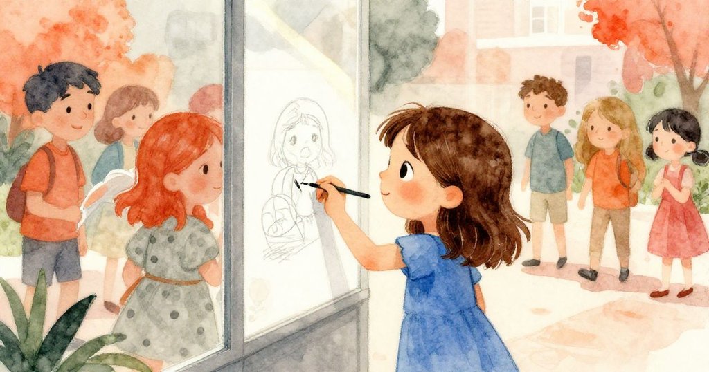 Nadia專注修正畫稿，背景中遊客湧入觸摸池走廊，水中射線低掠過玻璃，呈現情景轉折。